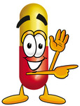 Clip Art Graphic of a Red and Yellow Pill Capsule Cartoon Character Waving and Pointing
