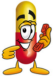 Clip Art Graphic of a Red and Yellow Pill Capsule Cartoon Character Holding a Telephone