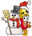 Clip Art Graphic of a Red and Yellow Pill Capsule Cartoon Character With a Snowman on Christmas