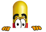 Clip Art Graphic of a Red and Yellow Pill Capsule Cartoon Character Peeking Over a Surface