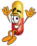 Clip Art Graphic of a Red and Yellow Pill Capsule Cartoon Character Jumping