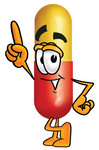 Clip Art Graphic of a Red and Yellow Pill Capsule Cartoon Character Pointing Upwards