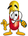 Clip Art Graphic of a Red and Yellow Pill Capsule Cartoon Character Looking Through a Magnifying Glass