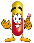 Clip Art Graphic of a Red and Yellow Pill Capsule Cartoon Character Holding a Pencil
