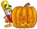 Clip Art Graphic of a Red and Yellow Pill Capsule Cartoon Character With a Carved Halloween Pumpkin