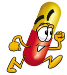 Clip Art Graphic of a Red and Yellow Pill Capsule Cartoon Character Running