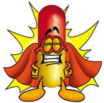 Clip Art Graphic of a Red and Yellow Pill Capsule Cartoon Character Dressed as a Super Hero