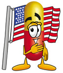 Clip Art Graphic of a Red and Yellow Pill Capsule Cartoon Character Pledging Allegiance to an American Flag