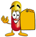 Clip Art Graphic of a Red and Yellow Pill Capsule Cartoon Character Holding a Yellow Sales Price Tag