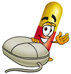 Clip Art Graphic of a Red and Yellow Pill Capsule Cartoon Character With a Computer Mouse