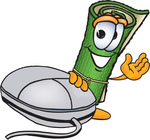 Clip Art Graphic of a Rolled Green Carpet Cartoon Character With a Computer Mouse