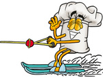 Clip Art Graphic of a White Chefs Hat Cartoon Character Waving While Water Skiing