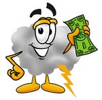 Clip Art Graphic of a Puffy White Cumulus Cloud Cartoon Character Holding a Dollar Bill