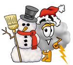 Clip Art Graphic of a Puffy White Cumulus Cloud Cartoon Character With a Snowman on Christmas