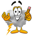 Clip Art Graphic of a Puffy White Cumulus Cloud Cartoon Character Holding a Pencil