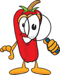 Clip Art Graphic of a Red Chilli Pepper Cartoon Character Looking Through a Magnifying Glass