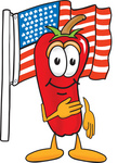Clip Art Graphic of a Red Chilli Pepper Cartoon Character Pledging Allegiance to an American Flag