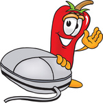 Clip Art Graphic of a Red Chilli Pepper Cartoon Character With a Computer Mouse