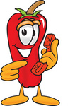 Clip Art Graphic of a Red Chilli Pepper Cartoon Character Holding a Telephone