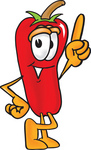 Clip Art Graphic of a Red Chilli Pepper Cartoon Character Pointing Upwards