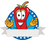 Clip Art Graphic of a Red Chilli Pepper Cartoon Character Label With Stars