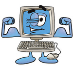Clip Art Graphic of a Desktop Computer Cartoon Character Flexing His Arm Muscles