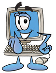 Clip Art Graphic of a Desktop Computer Cartoon Character Pointing at the Viewer