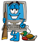 Clip Art Graphic of a Desktop Computer Cartoon Character Duck Hunting, Standing With a Rifle and Duck