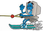Clip Art Graphic of a Desktop Computer Cartoon Character Waving While Water Skiing