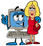 Clip Art Graphic of a Desktop Computer Cartoon Character Talking to a Pretty Blond Woman