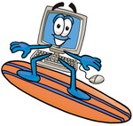 Clip Art Graphic of a Desktop Computer Cartoon Character Surfing on a Blue and Orange Surfboard