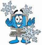 Clip Art Graphic of a Desktop Computer Cartoon Character With Three Snowflakes in Winter