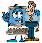 Clip Art Graphic of a Desktop Computer Cartoon Character Talking to a Business Man