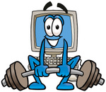 Clip Art Graphic of a Desktop Computer Cartoon Character Lifting a Heavy Barbell