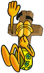 Clip Art Graphic of a Wooden Cross Cartoon Character Plugging His Nose While Jumping Into Water