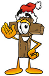 Clip Art Graphic of a Wooden Cross Cartoon Character Wearing a Santa Hat and Waving