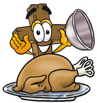 Clip Art Graphic of a Wooden Cross Cartoon Character Serving a Thanksgiving Turkey on a Platter