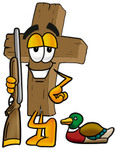 Clip Art Graphic of a Wooden Cross Cartoon Character Duck Hunting, Standing With a Rifle and Duck