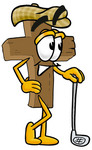 Clip Art Graphic of a Wooden Cross Cartoon Character Leaning on a Golf Club While Golfing