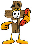 Clip Art Graphic of a Wooden Cross Cartoon Character Holding a Telephone