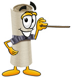 Clip Art Graphic of a Rolled Diploma Certificate Cartoon Character Holding a Pointer Stick