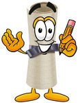 Clip Art Graphic of a Rolled Diploma Certificate Cartoon Character Holding a Pencil