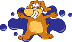 Clip Art Graphic of a Cute Brown Dog Cartoon Character Logo With Blue Paint Splatters