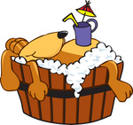 Clip Art Graphic of a Cute Brown Hound Dog Cartoon Character Taking a Leisurely Bubble Bath and Drinking a Beverage