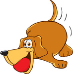 Clip Art Graphic of a Cute Brown Hound Dog Cartoon Character With a Ball in His Mouth