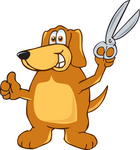 Clip Art Graphic of a Cute Brown Hound Dog Cartoon Character Holding a Pair of Scissors up