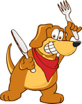 Clip Art Graphic of a Hungry Brown Hound Dog Cartoon Character Holding a Knife and Fork