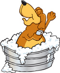 Clip Art Graphic of a Cute Brown Hound Dog Cartoon Character Soaping up His Armpits While Taking a Bubble Bath in a Tub