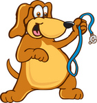 Clip Art Graphic of a Cute Brown Hound Dog Cartoon Character Holding up a Blue Leash and Waiting for a Walk
