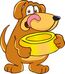 Clip Art Graphic of a Hungry Brown Hound Dog Cartoon Character Licking His Chops and Holding a Yellow Food Bowl